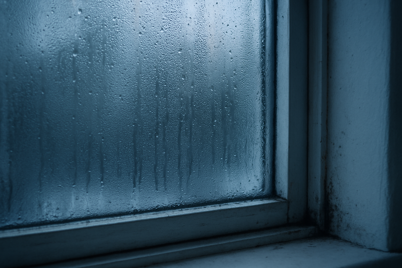 Condensation on a window with early black mould spots around the frame