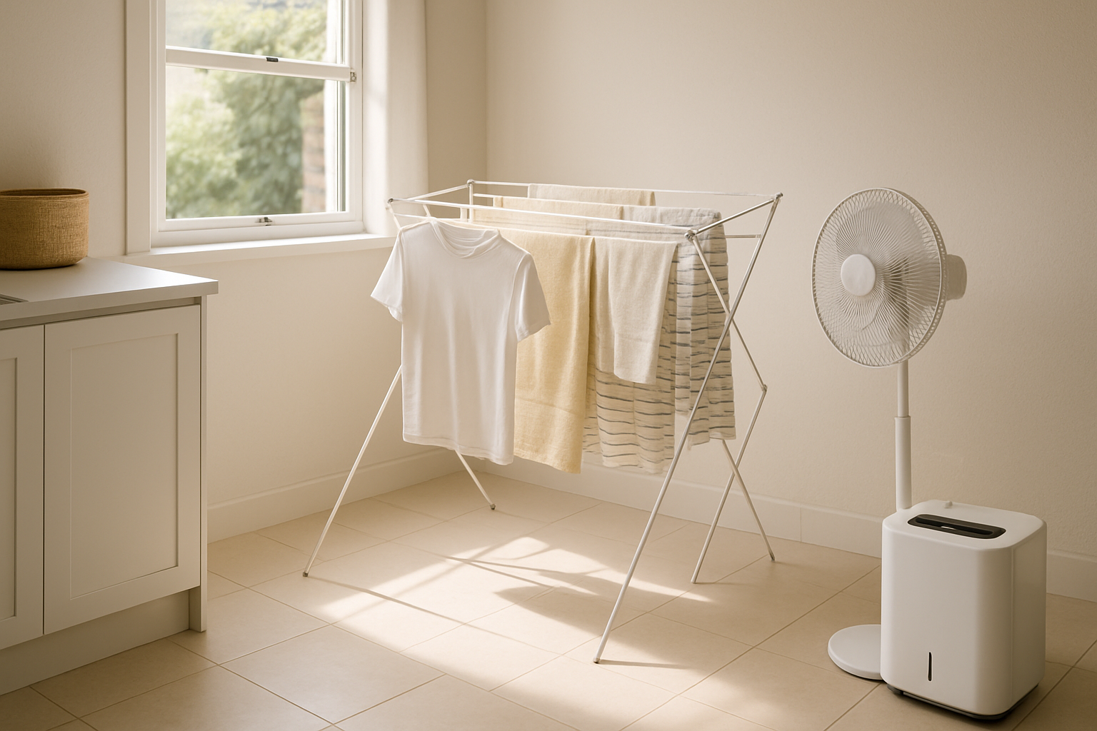 Clothes drying indoors on an airer with a fan and dehumidifier in a ventilated room — How to Dry Clothes Indoors Without Mould